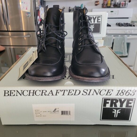 Frye Phillip Work Boot Black Genuine Leather Men's Size 11 - Picture 2 of 3